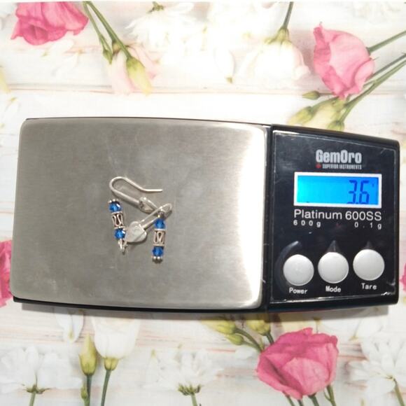 Vtg 925 Sterling Silver Hearts Dangle Drop Earrings Royal Blue Crystal Signed - Picture 7 of 7